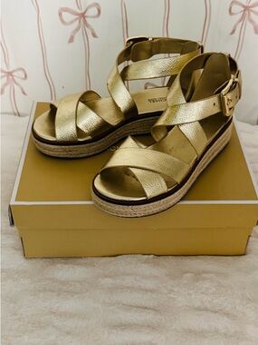 Michael Kors Gold Leather Platform Sandals - Women's Stylish Espadrille Wedge